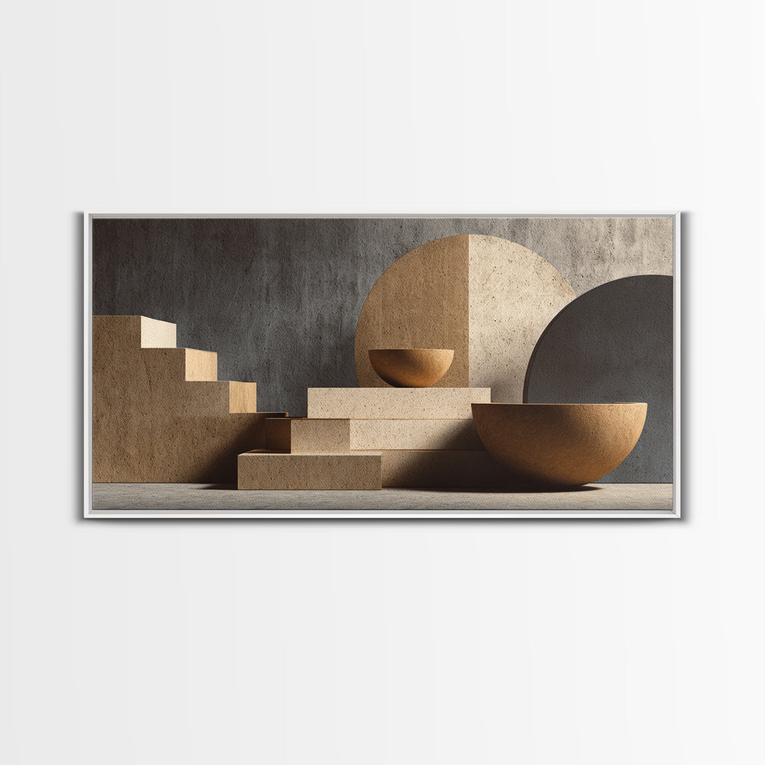 Architectural Stairs And Stone Bowls Wall Art, Framed Canvas Print, Midcentury Modern Decor, Neutral Abstract Home Office Art