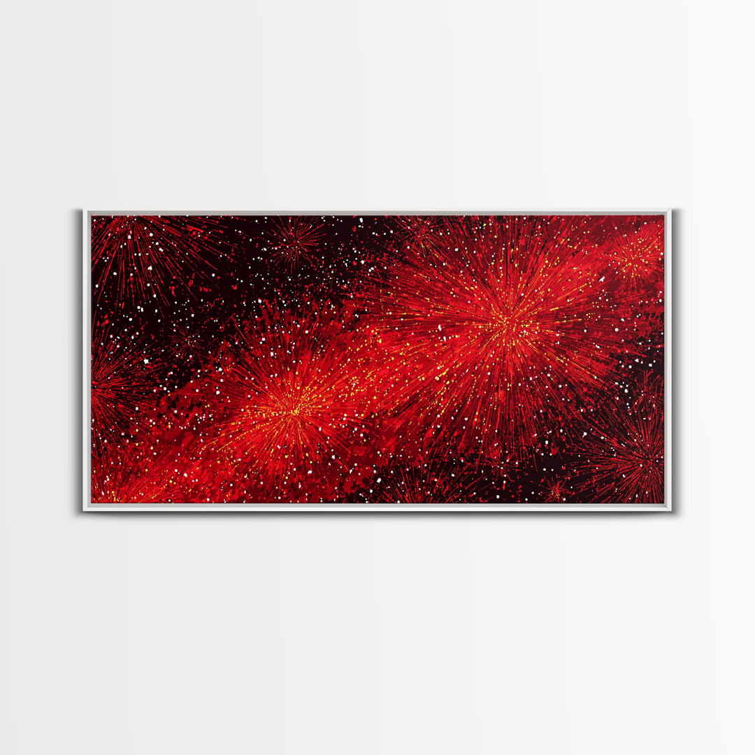 Fiery Red Starburst Fireworks Wall Art, Retro Atomic Mid Century Modern Decor, Bold Abstract Print For Living Room Or Office