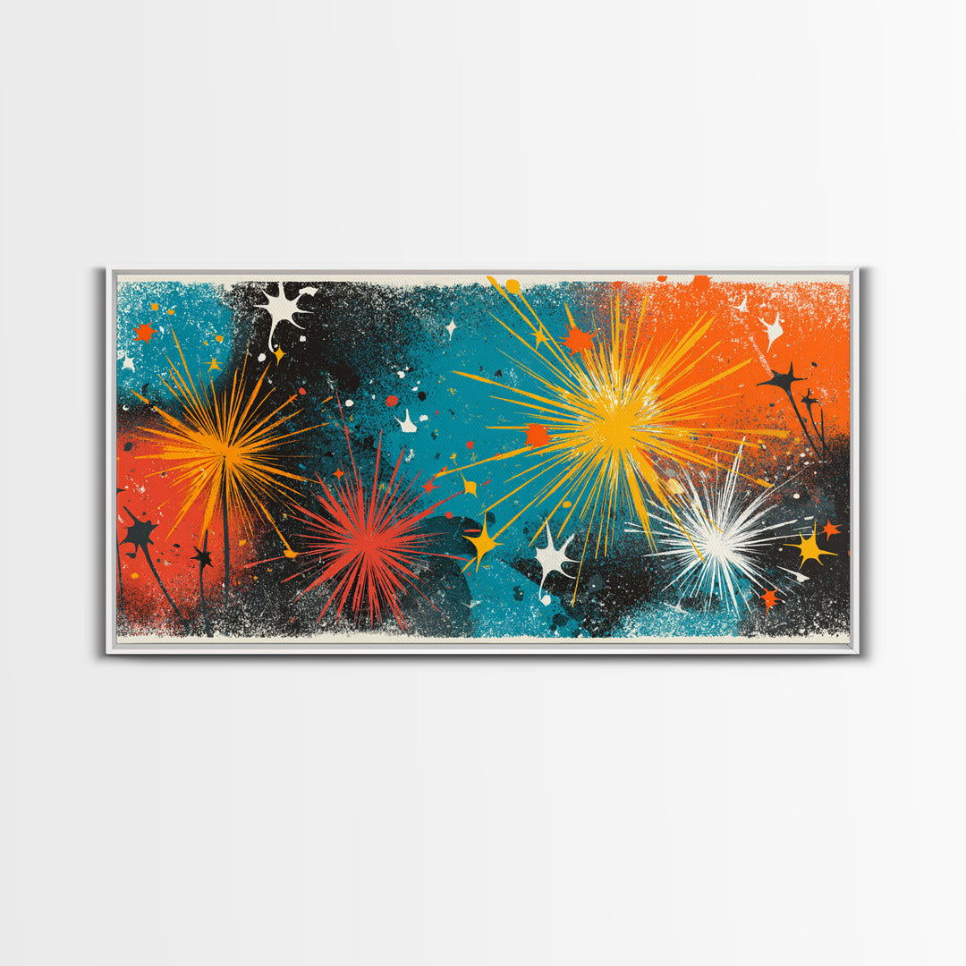 Teal Orange Splatter Starburst Wall Art, Atomic Mid Century Modern Decor, Retro Abstract Print For Living Room Or Office Decor