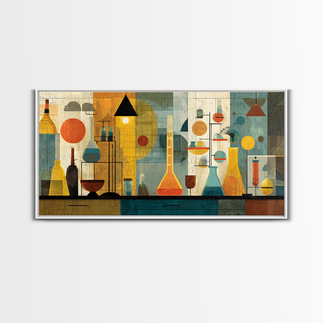 Yellow Teal Laboratory Still Life Framed Canvas Print, Mid Century Modern Wall Decor, Retro Science Art For Home Office Decor