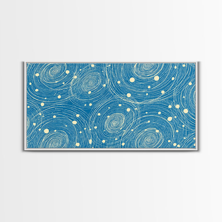 Blue Swirling Star Field Framed Canvas Print, Midcentury Modern Wall Art, Retro Abstract Poster, Cosmic Home Decor, MCM Office Decor
