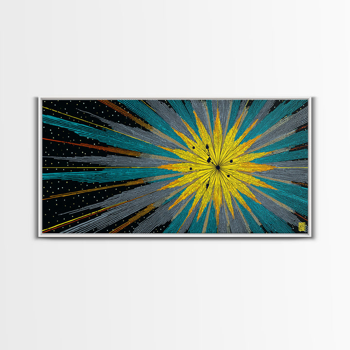 Yellow Teal Cosmic Starburst Canvas Print, Midcentury Modern Space Abstract Wall Art, Atomic Retro MCM Home Decor For Office Decor