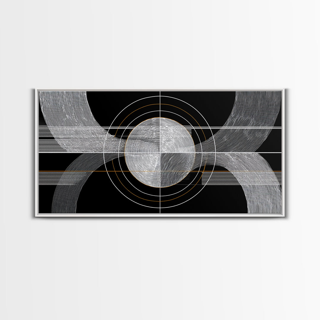 Black White Orbital Waves Framed Canvas Print, Midcentury Modern Wall Art, Geometric Abstract Poster, MCM Home Decor, Gold Accent