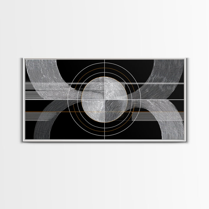 Black White Orbital Waves Framed Canvas Print, Midcentury Modern Wall Art, Geometric Abstract Poster, MCM Home Decor, Gold Accent