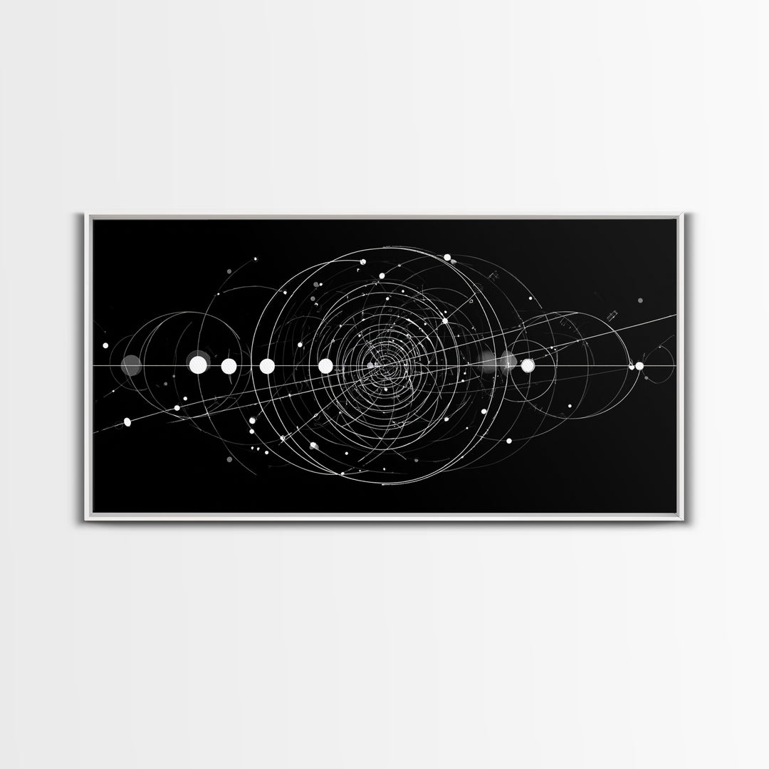 White Orbital Geometry In Black Space Wall Art, Modern Abstract Art Print, Sci Fi Decor, Geometric Wall Decor Gift For Office