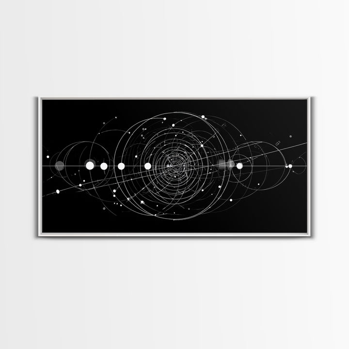White Orbital Geometry In Black Space Wall Art, Modern Abstract Art Print, Sci Fi Decor, Geometric Wall Decor Gift For Office