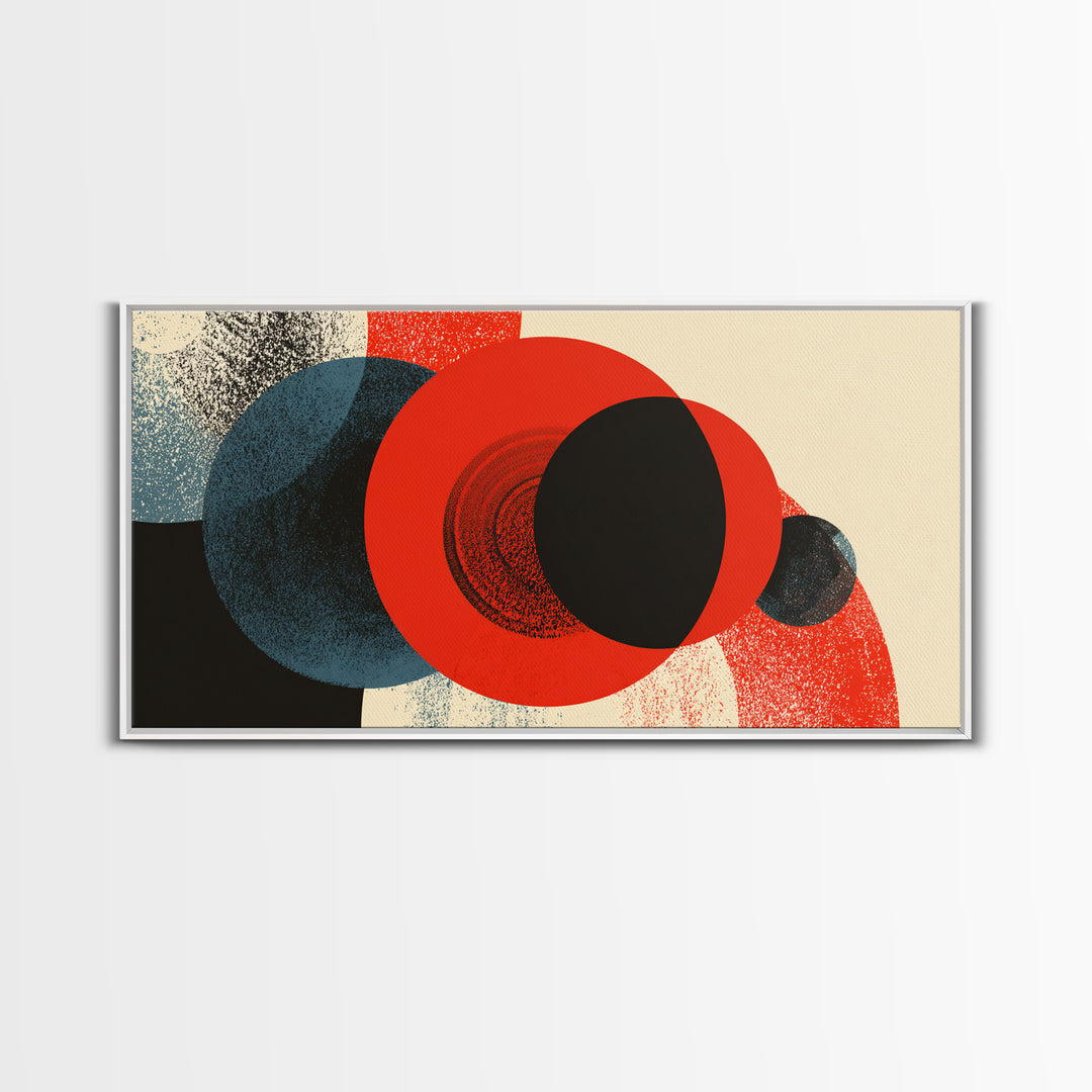 Bold Red Black And Blue Circle Collision Wall Art, Midcentury Modern Abstract Poster, Geometric MCM Decor, Large Canvas Print