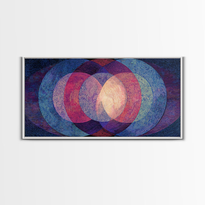 Textured Blue Pink Moire Oval Rings Wall Art, Midcentury Modern Abstract Art Print, Op Art Poster, Retro Geometric MCM Decor