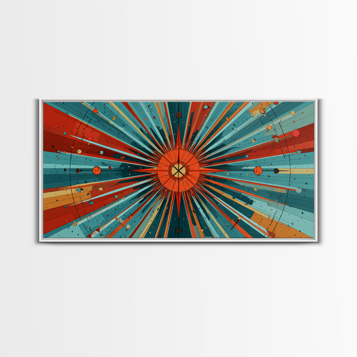 Orange Teal Cosmic Sunburst Canvas Print, Midcentury Modern Art, Retro Atomic Poster, Bold Geometric Wall Decor, 1950s Space Print