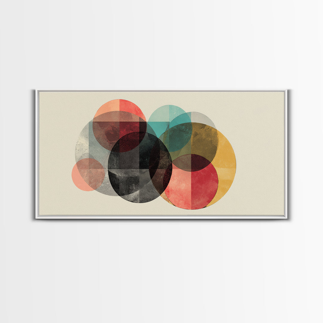 Neutral Black Red Yellow Circle Cluster Framed Canvas Print, Midcentury Modern Wall Art, Retro Geometric Poster, MCM Home Decor