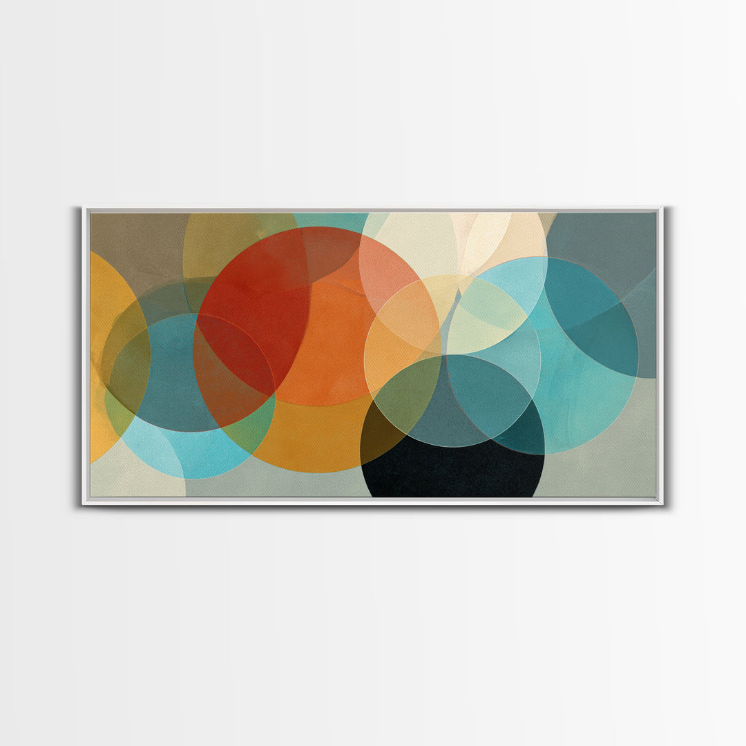 Overlapping Retro Circles Abstract In Teal Orange Mustard Wall Art, Mid Century Modern Print, Geometric MCM Living Room Decor