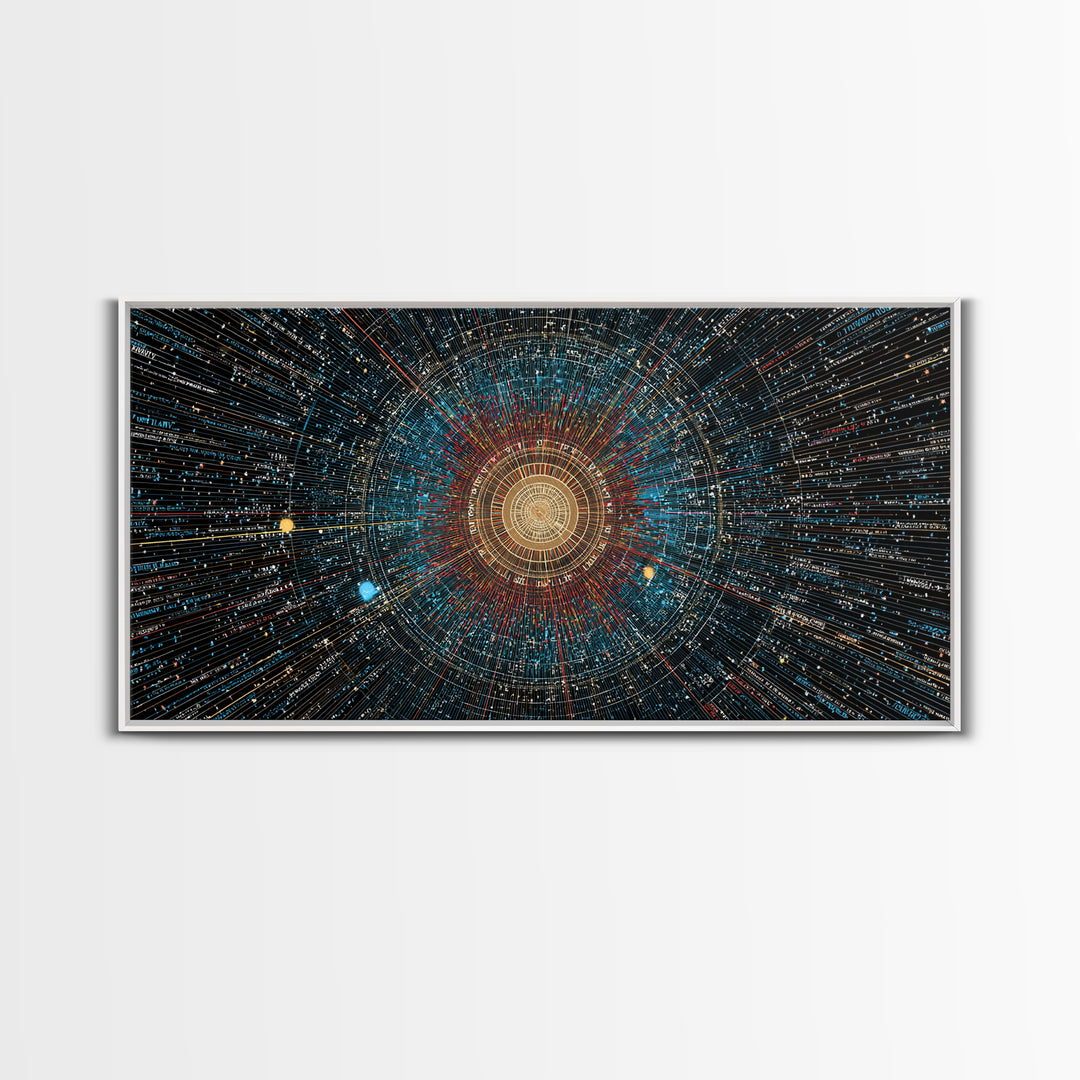 Golden Data Starburst Framed Canvas Print, Modern Abstract Art, Cosmic Geometric Wall Decor, Sci Fi Poster, Blue Orange Space Art