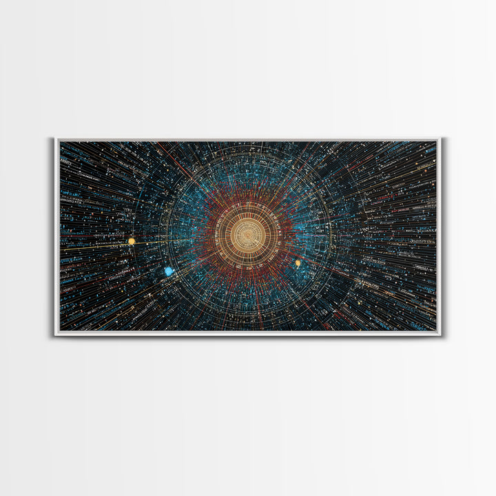 Golden Data Starburst Framed Canvas Print, Modern Abstract Art, Cosmic Geometric Wall Decor, Sci Fi Poster, Blue Orange Space Art