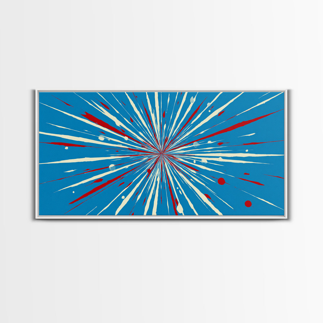 Blue Red Speed Burst Wall Art, Retro Sci Fi Star Lines, Modern Abstract Art Print, Bold Graphic Poster, Game Room Decor Gift