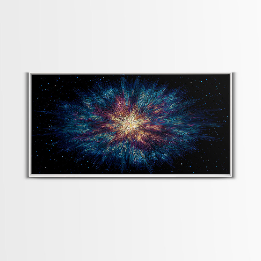 Luminous Nebula Starburst Framed Canvas Print, Cosmic Abstract Wall Art, Modern Galaxy Poster, Blue Purple Bedroom Decor