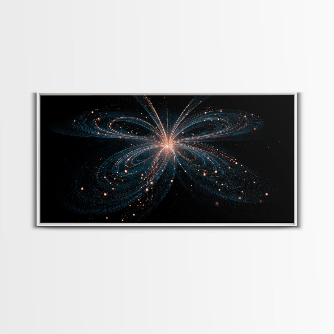 Orbital Butterfly Starfield Framed Canvas Print, Cosmic Particle Wall Art, Modern Abstract Art, Elegant Sci Fi Bedroom Decor