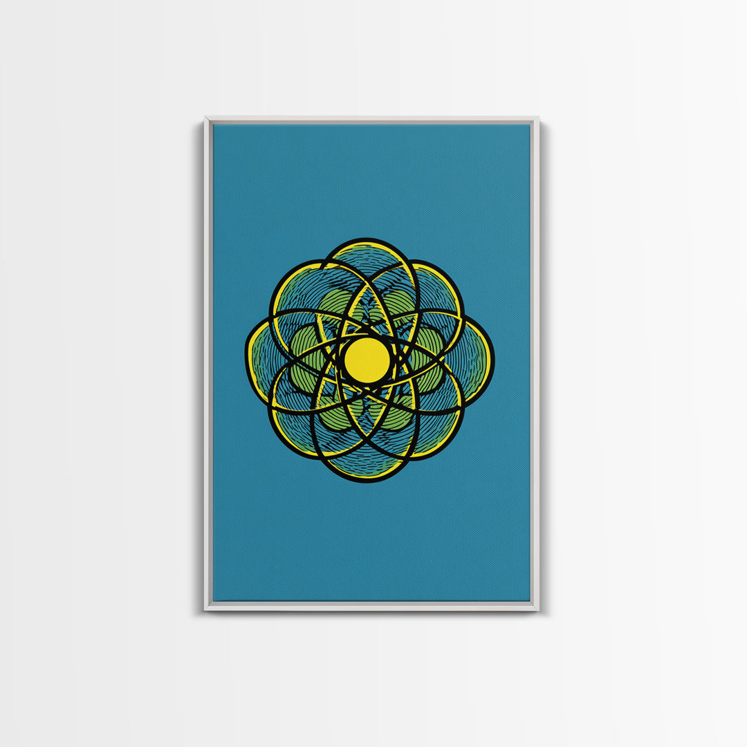 Colorful Atomic Flower Symbol On Blue Canvas Print, Midcentury Modern Wall Decor, Geometric Art Print, Retro Space Poster
