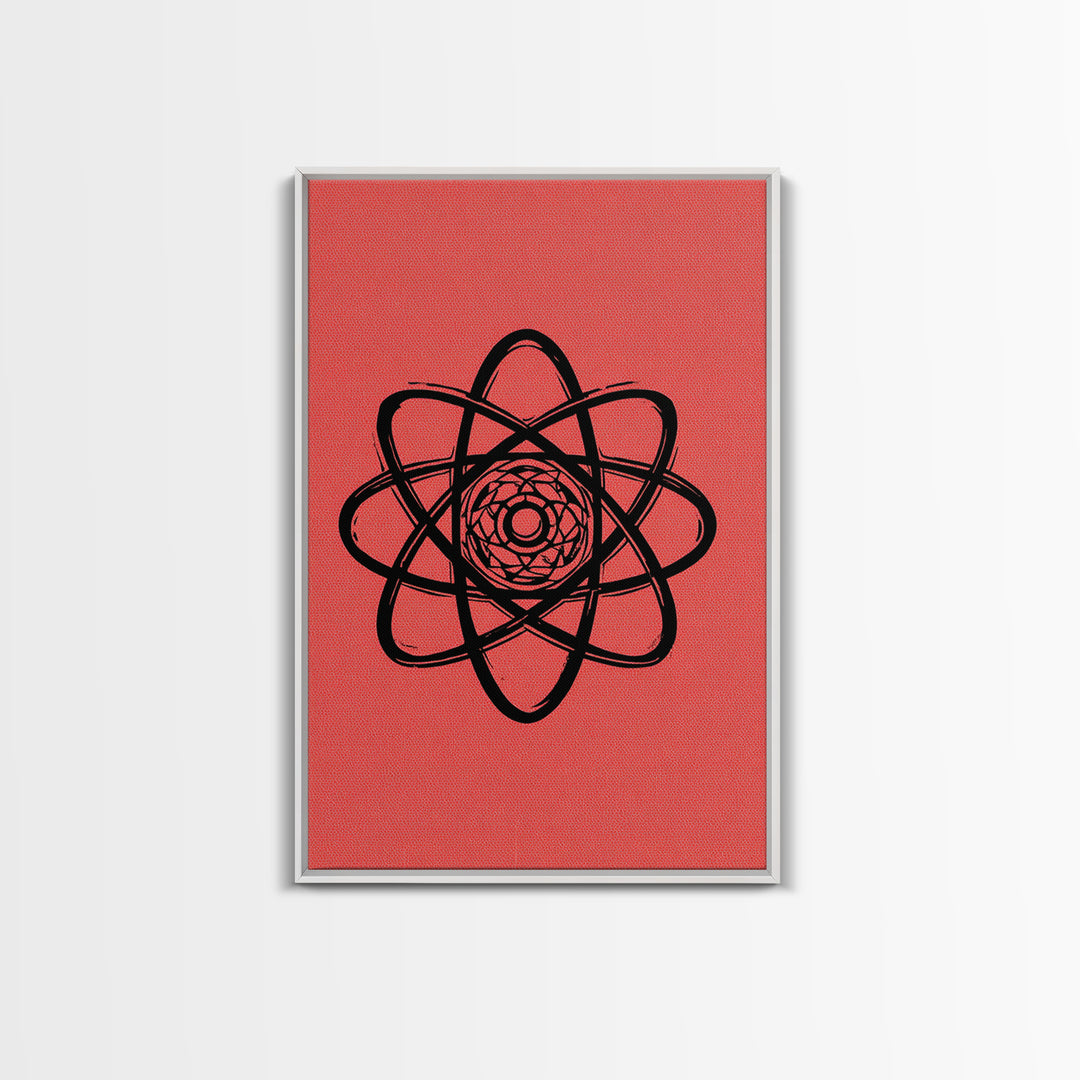Black Atomic Symbol On Red Canvas Print, Midcentury Modern Wall Art, Retro Science Poster, Geometric MCM Home Decor, Atomic Art Print