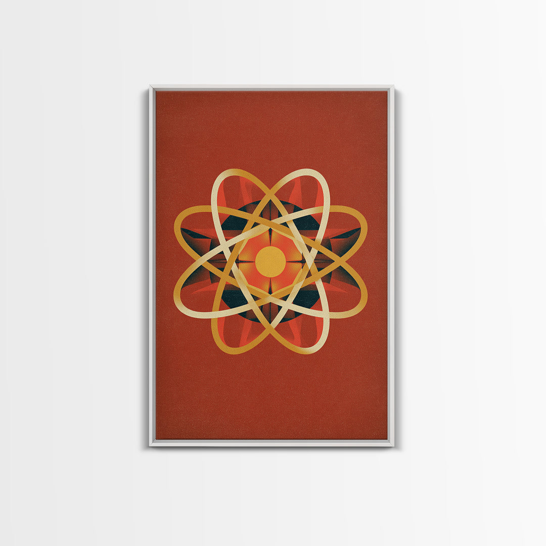 Glowing Golden Atomic Symbol Canvas Print, Midcentury Modern Wall Art, Retro Science Decor, Orange Geometric Abstract Poster