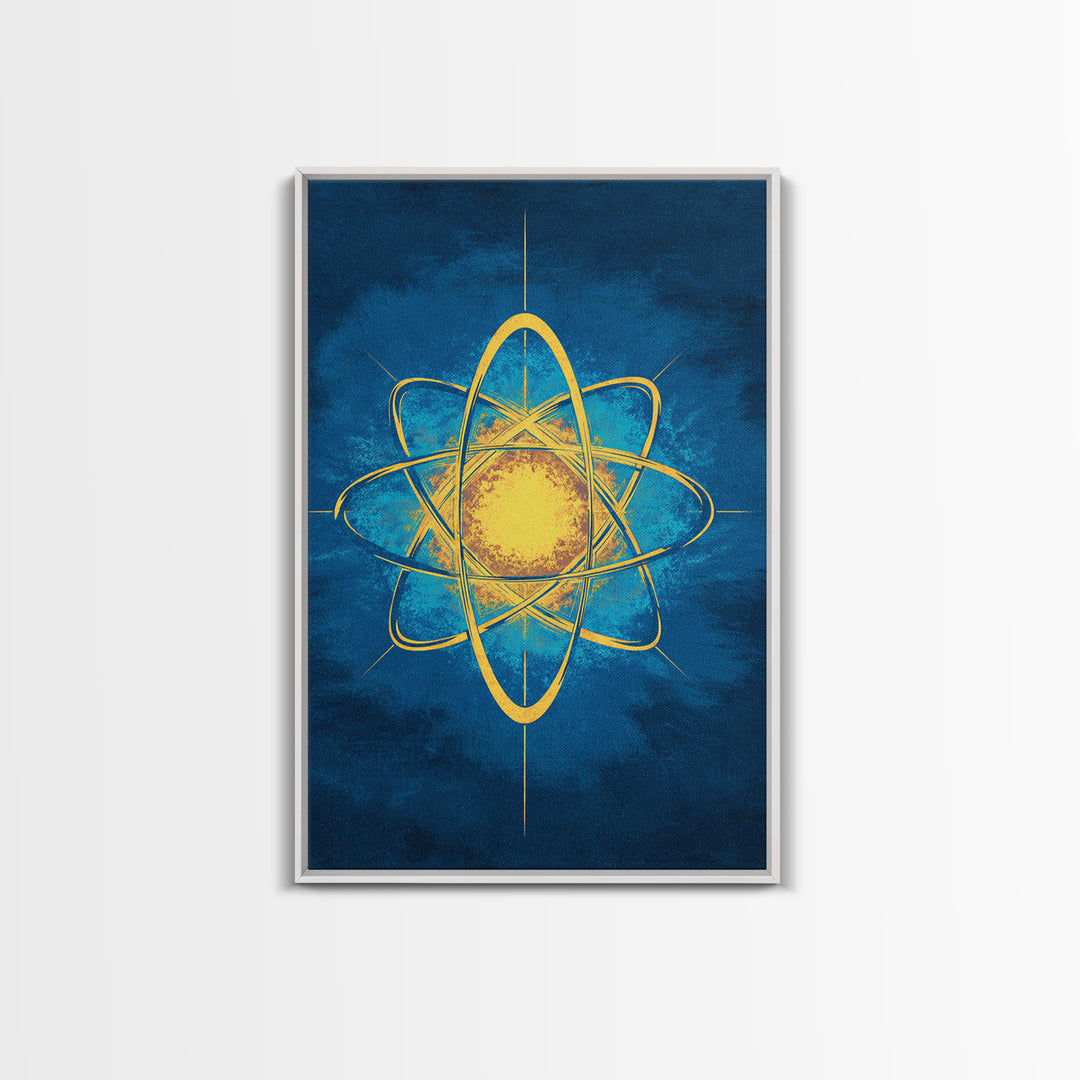 Glowing Yellow Atom On Blue Framed Canvas Print, Midcentury Modern Wall Art, Retro Science Poster, Geometric Space Decor