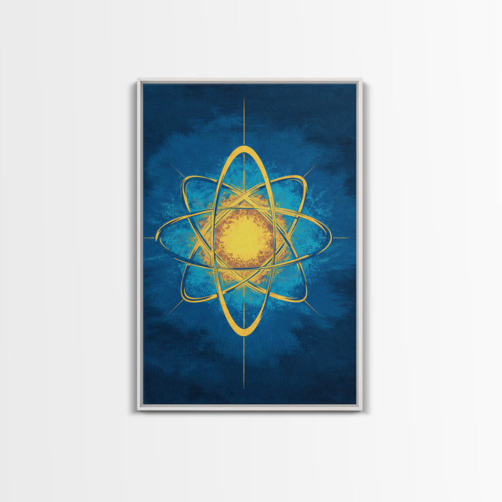 Glowing Yellow Atom On Blue Framed Canvas Print, Midcentury Modern Wall Art, Retro Science Poster, Geometric Space Decor