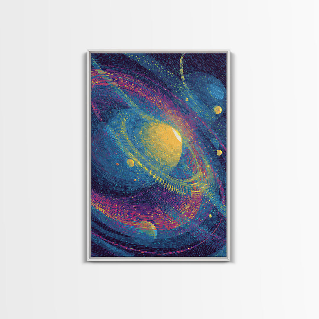 Vibrant Saturn Galaxy With Colorful Swirls Canvas Print, Cosmic Retro Wall Decor, Modern Abstract Art, Space Poster Gift