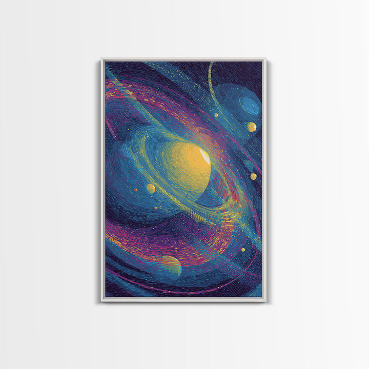 Vibrant Saturn Galaxy With Colorful Swirls Canvas Print, Cosmic Retro Wall Decor, Modern Abstract Art, Space Poster Gift