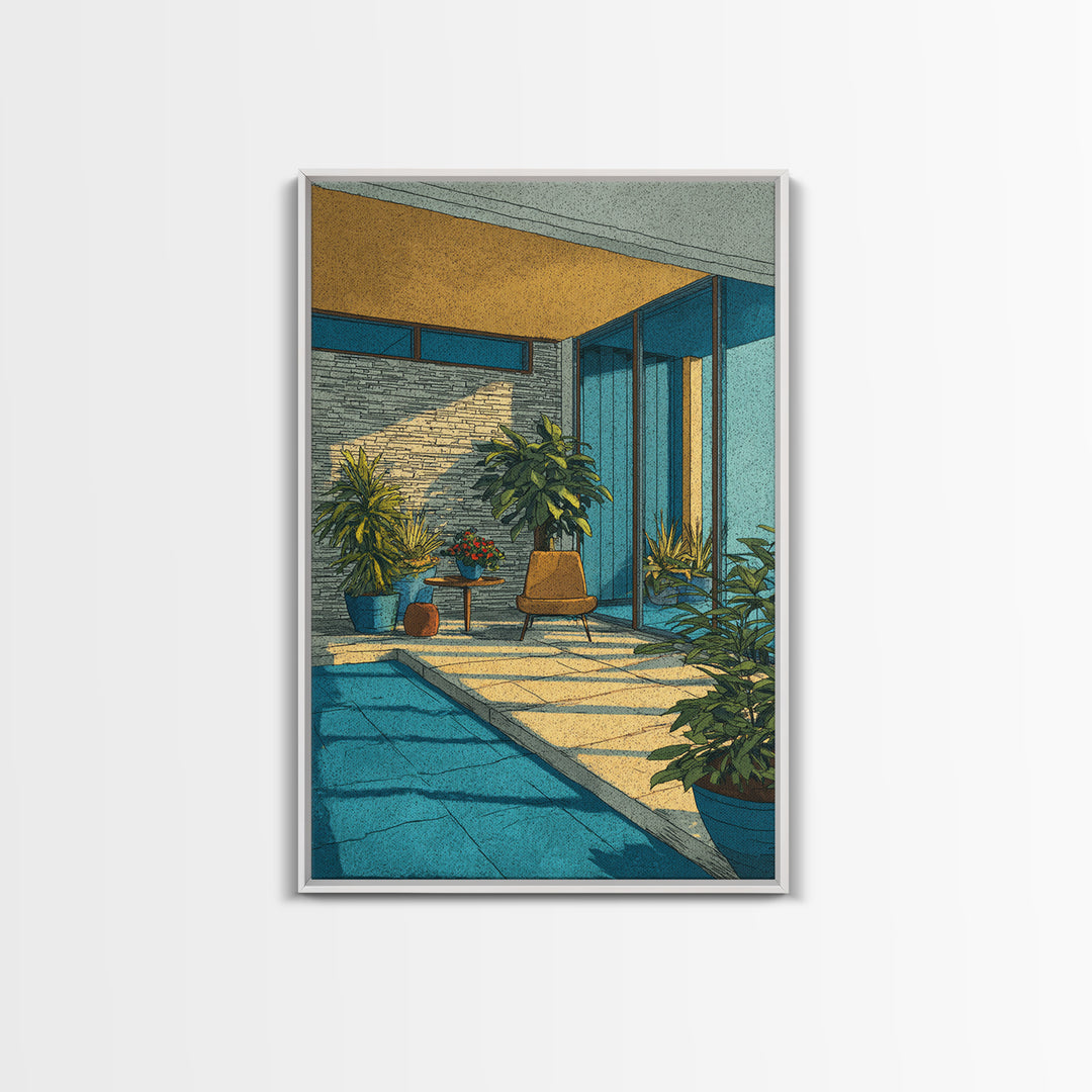 Sunlit Mid Century Patio Pool Framed Canvas Print, Modern Architecture Wall Art, Palm Springs Decor, MCM Home Office Decor