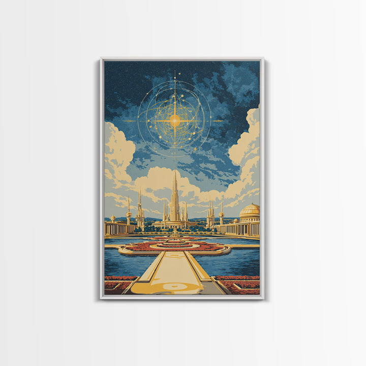 Golden Celestial Palace And Star Map Wall Art, Mid Century Modern Sci Fi Poster, Futuristic City Decor, Cosmic Canvas Print