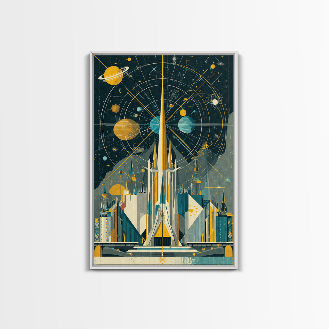 Atomic Rocket Spire Space Age City Canvas Print, Mid Century Modern Wall Art, Futuristic Planet Poster, Geometric MCM Decor