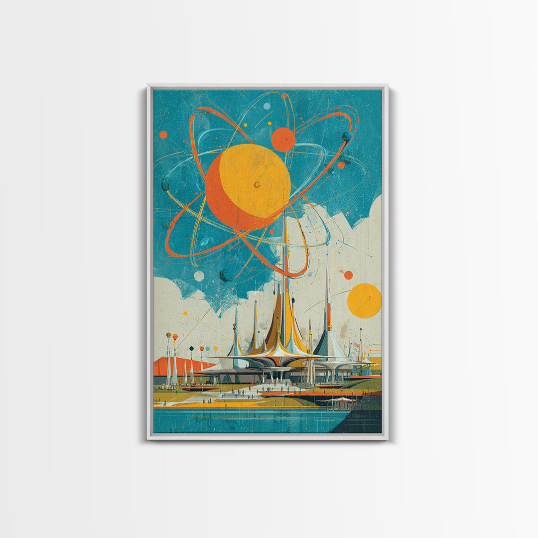 Giant Atomic Sun Over Futuristic City Wall Art, Mid Century Modern Canvas Print, Retro Space Age Poster, Turquoise Decor