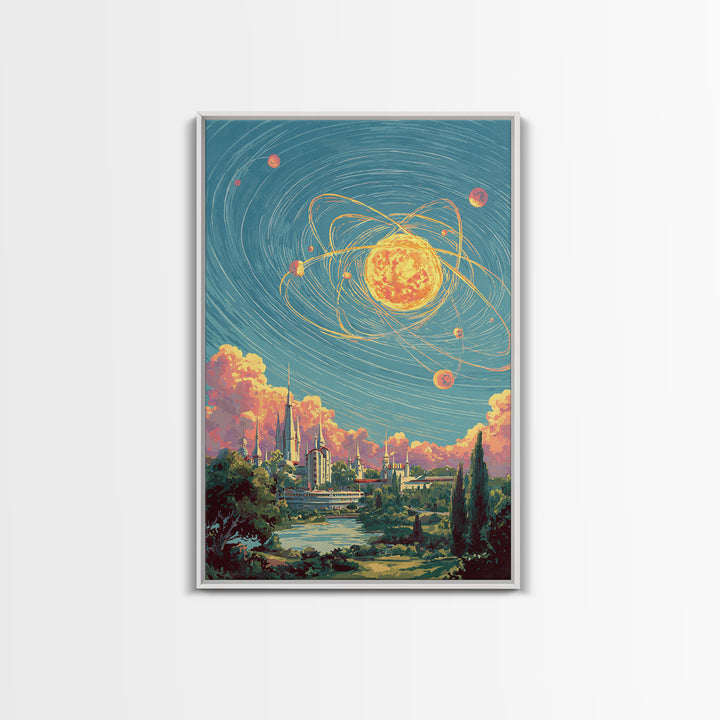 Glowing Atomic Sun Over Retro Future City Canvas Print, Mid Century Modern Wall Art, Cosmic Space Poster, Scenic MCM Decor