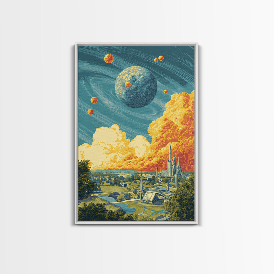 Retro Futuristic Planet City Wall Art, Sci Fi Space Landscape, Midcentury Modern Poster, Atomic MCM Decor, Blue Orange Print