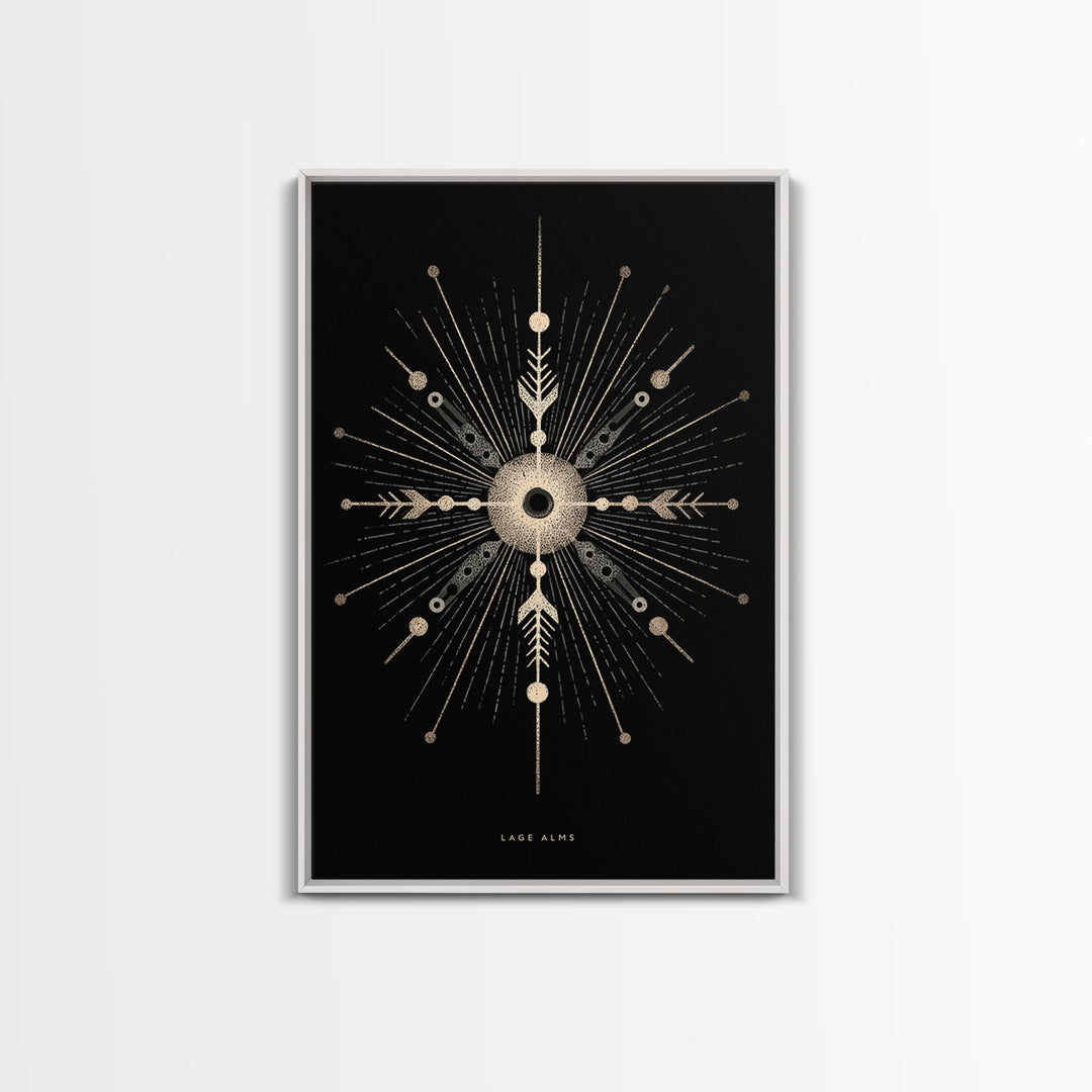 Gold Celestial Starburst Canvas Print, Black Cosmic Wall Decor, Midcentury Atomic Abstract Poster, Spiritual Geometric Art