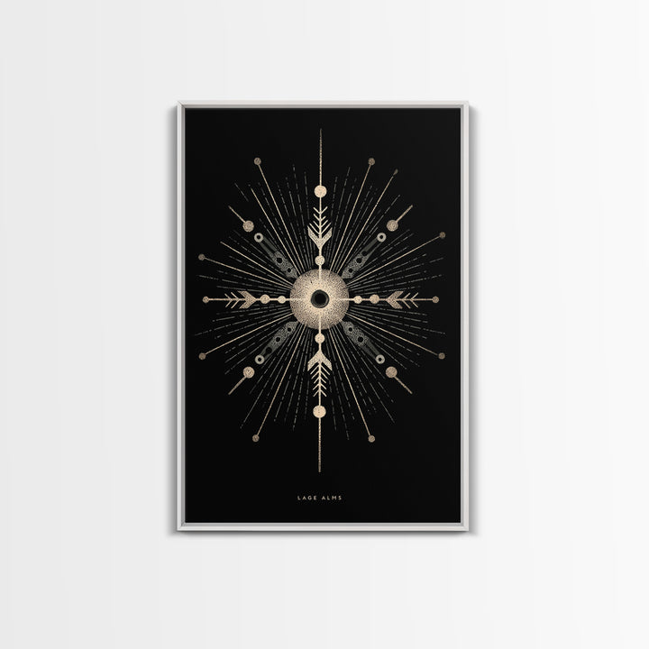 Gold Celestial Starburst Canvas Print, Black Cosmic Wall Decor, Midcentury Atomic Abstract Poster, Spiritual Geometric Art