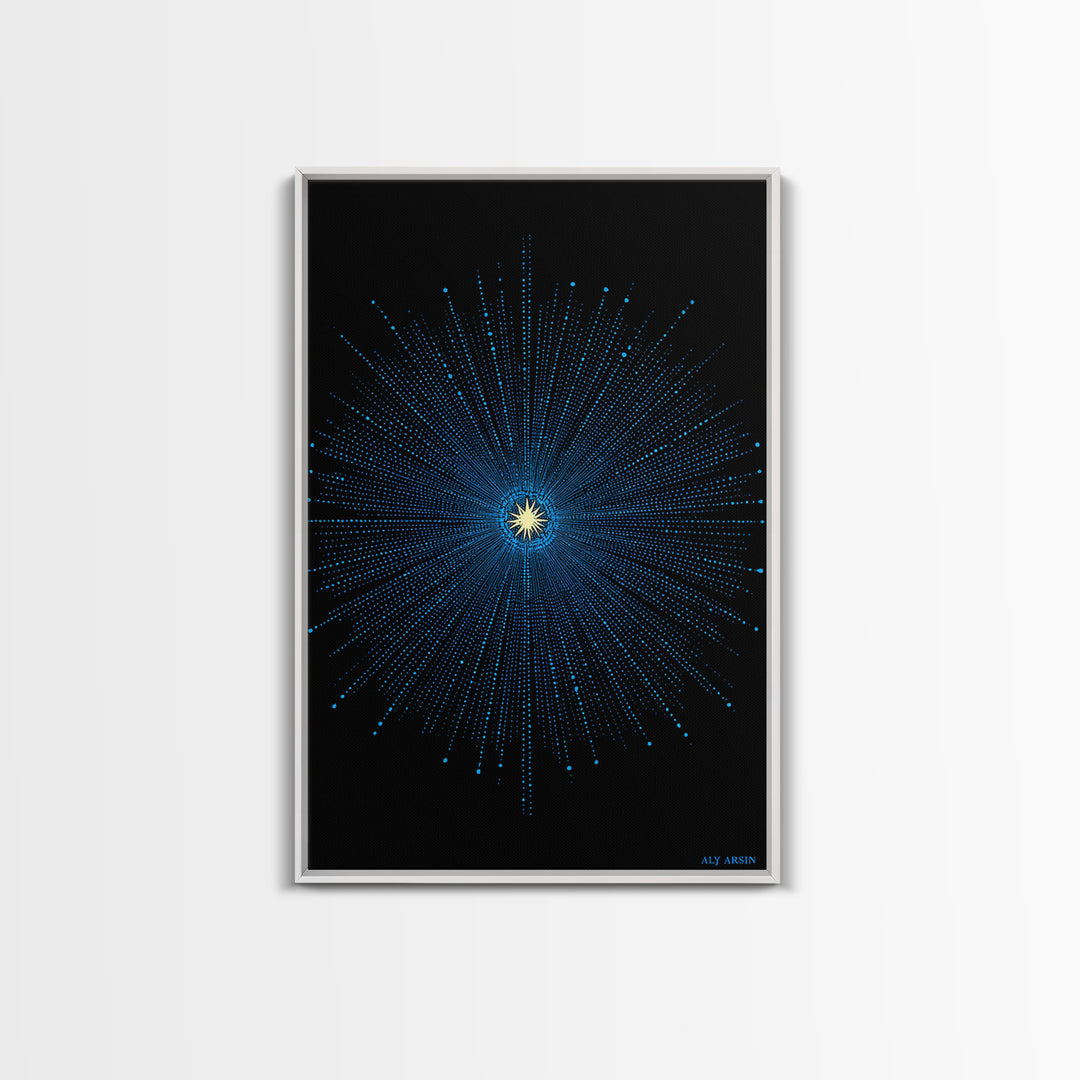 Blue Cosmic Starburst Wall Art, Modern Abstract Space Poster, Atomic Midcentury Decor, Black Sci Fi Galaxy Print For Living Room