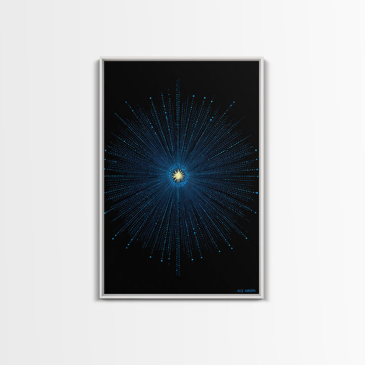 Blue Cosmic Starburst Wall Art, Modern Abstract Space Poster, Atomic Midcentury Decor, Black Sci Fi Galaxy Print For Living Room