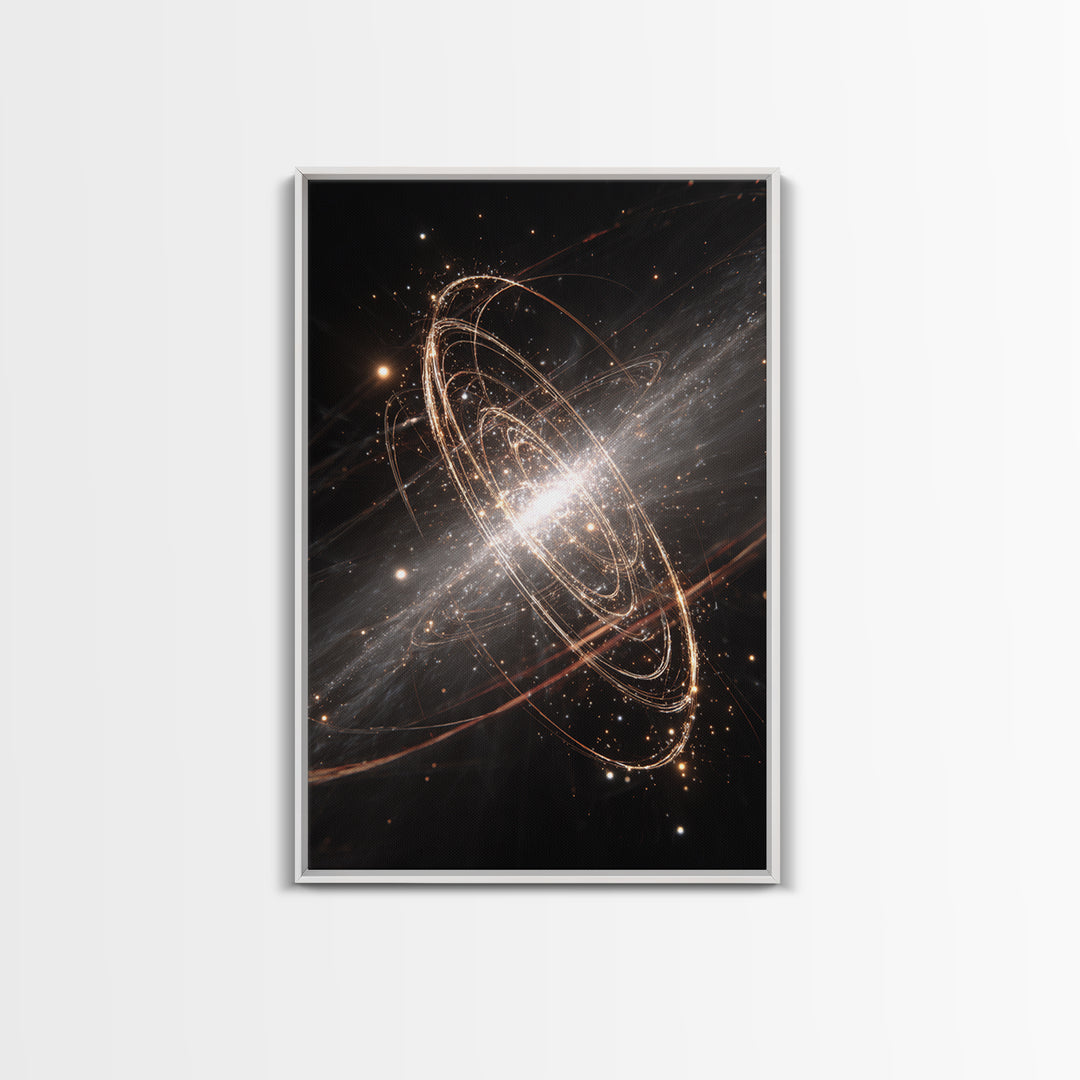 Glowing Galactic Rings Around Bright Star Framed Canvas Print, Space Abstract Art, Modern Wall Decor, Cosmic Poster Gift