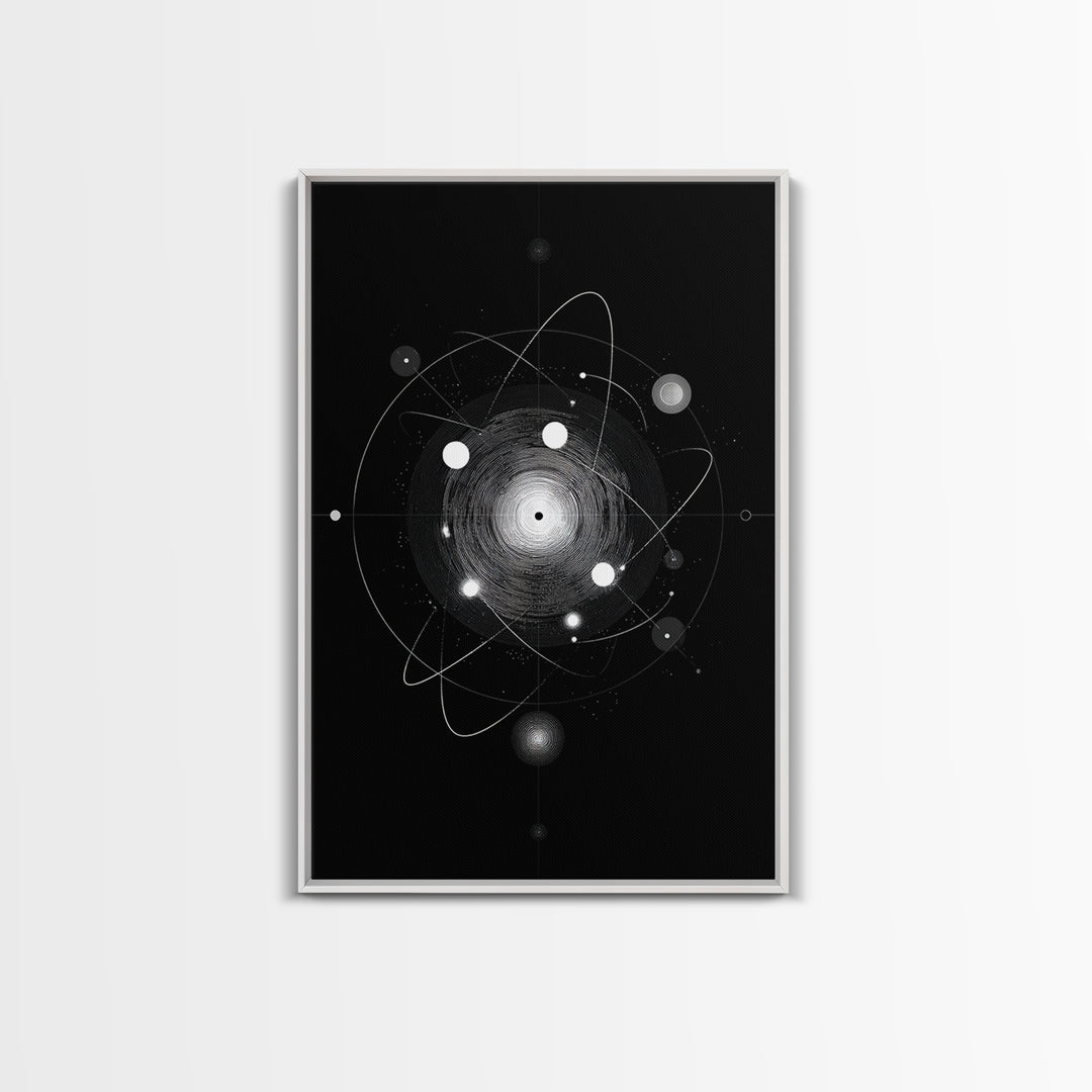 Radiant Atomic Orbit Vortex Wall Art, Black And White Space Abstract, Mid Century Modern Decor, Geometric Sci Fi Poster Print