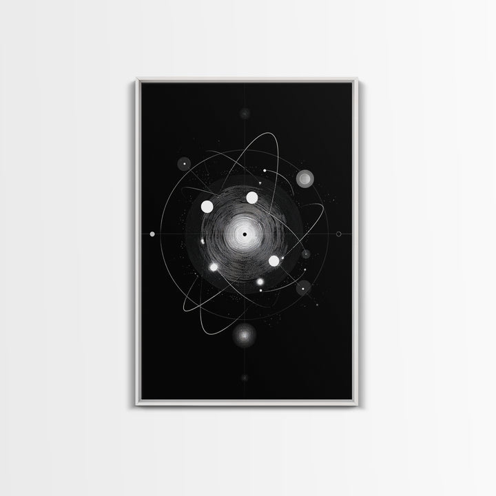 Radiant Atomic Orbit Vortex Wall Art, Black And White Space Abstract, Mid Century Modern Decor, Geometric Sci Fi Poster Print