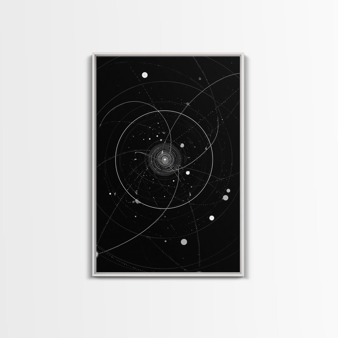 Deep Space Orbital Spiral Wall Art, Black White Cosmic Abstract, Geometric Modern Art Print, Retro Sci Fi Home Decor Poster