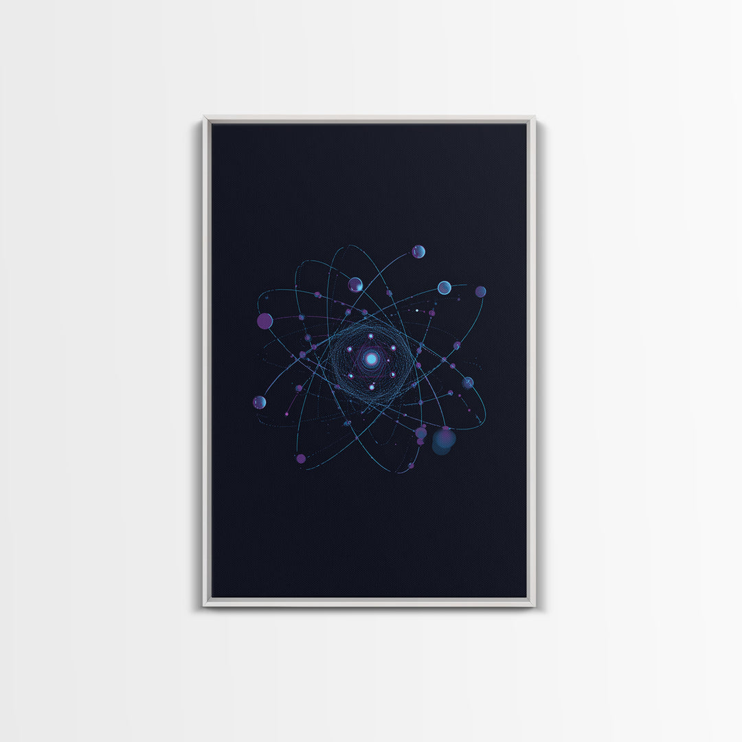 Blue Purple Atomic Orbit Canvas Print, Dark Space Abstract Science Art, Modern Wall Decor, Midcentury Geometric Poster Print
