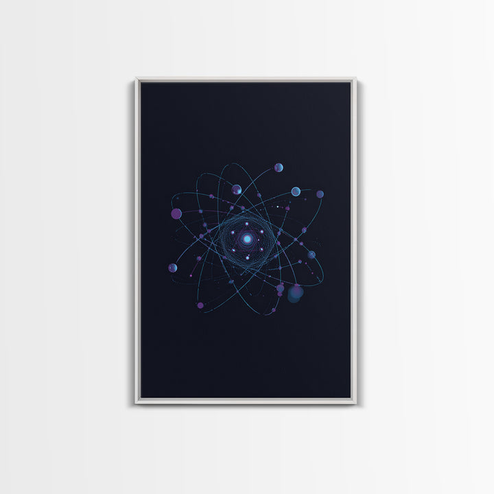 Blue Purple Atomic Orbit Canvas Print, Dark Space Abstract Science Art, Modern Wall Decor, Midcentury Geometric Poster Print