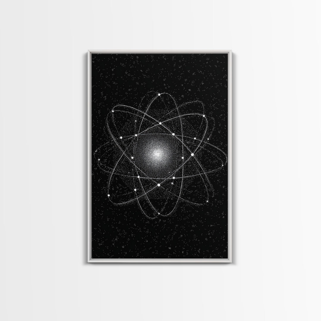 Glowing Atomic Starfield Wall Art, Black White Science Abstract, Mid Century Modern Decor, Geometric Space Poster Print Art