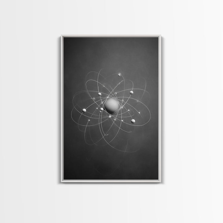 Monochrome Atom Model Framed Canvas Print, Gray Science Abstract Art, Modern Wall Decor, Mid Century Geometric Poster Print