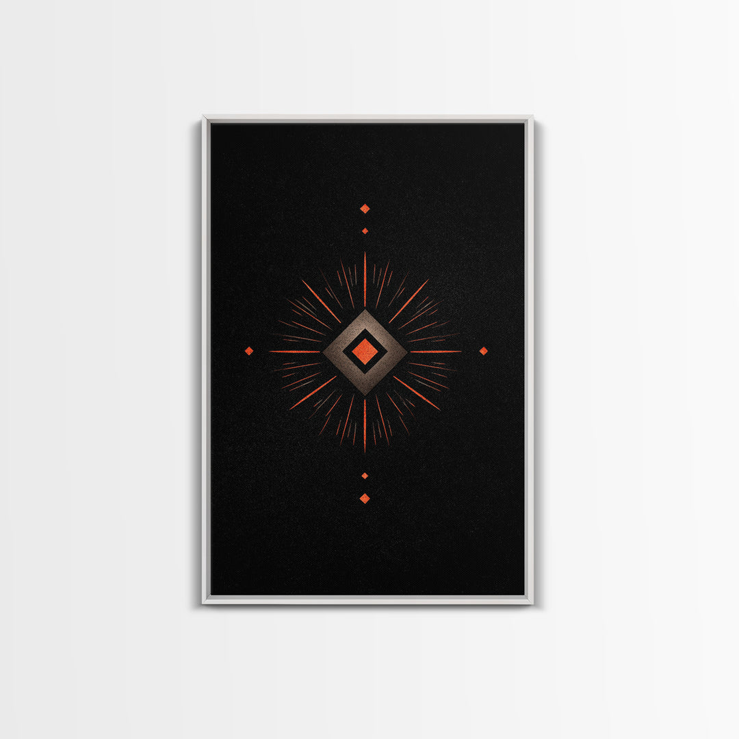 Orange Diamond Sunburst Wall Art, Black Atomic Abstract Design, Mid Century Modern Decor, Geometric Retro Poster Print Art