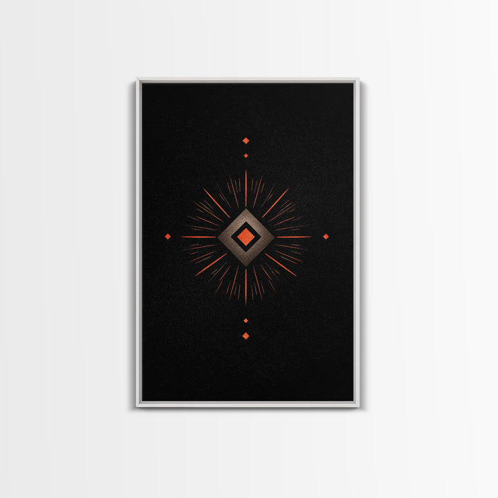 Orange Diamond Sunburst Wall Art, Black Atomic Abstract Design, Mid Century Modern Decor, Geometric Retro Poster Print Art