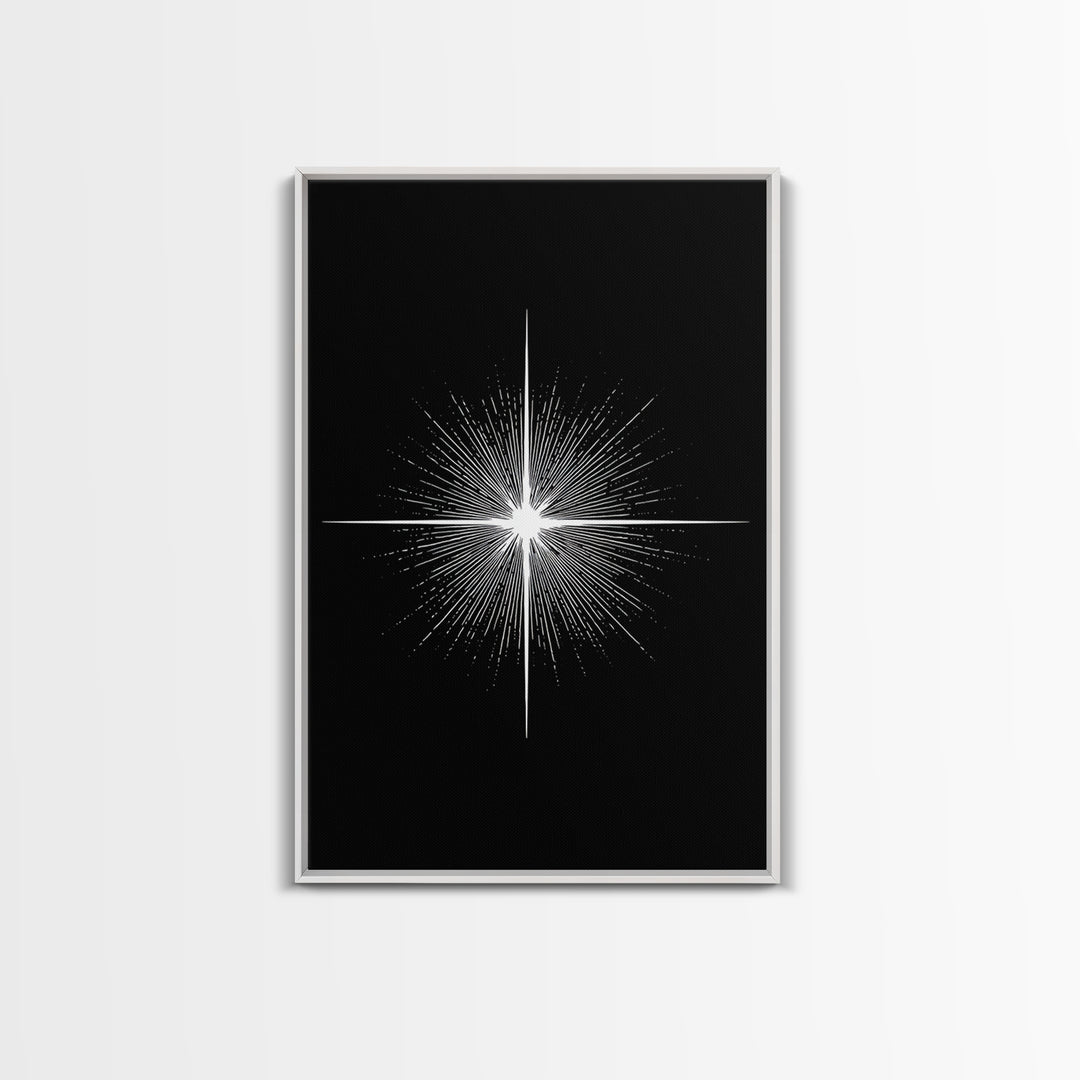 White Radiant Starburst Wall Art, Black Minimal Cosmic Abstract, Modern Geometric Poster, Mid Century Space Home Decor Print
