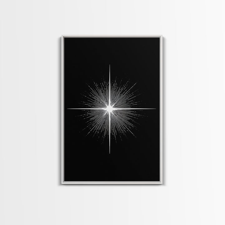 White Radiant Starburst Wall Art, Black Minimal Cosmic Abstract, Modern Geometric Poster, Mid Century Space Home Decor Print