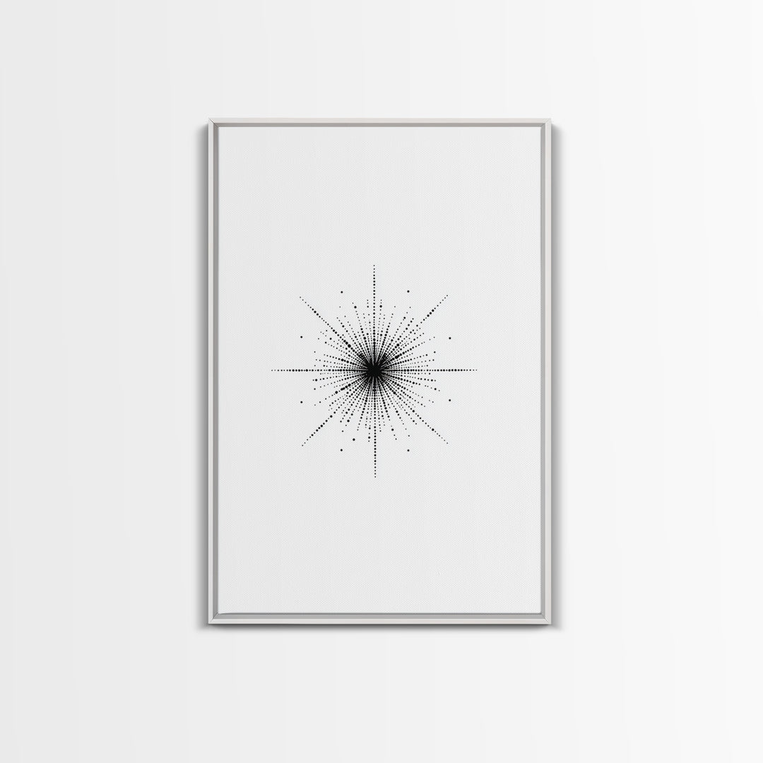Dotted Cosmic Starburst Wall Art, Black And White Minimal Abstract, Modern Geometric Poster, Mid Century Office Decor Print